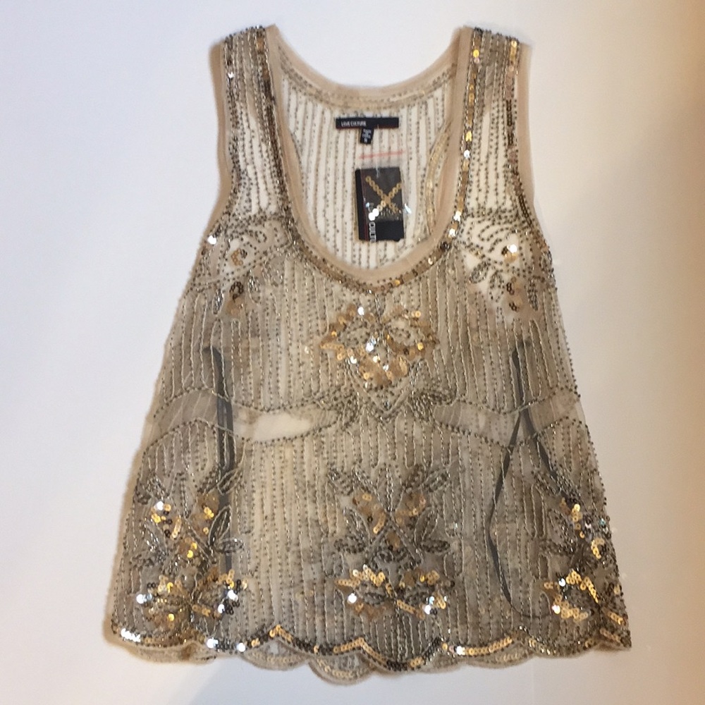 NWT! Gold Beaded and Sequin Tank Top